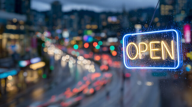 Moody nighttime scene with a neon "OPEN" sign glowing through slightly fogged glass, vibrant light trails blending with the dark urban street - Powered by Adobe