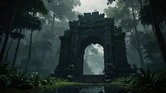 Lost temple gateway hidden by jungle mis