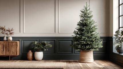 Minimalist Christmas tree stands tall in modern Living Room, burlap-wrapped base adding touch of rustic charm to dark wainscoting, cream walls and wooden floors