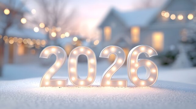 Glowing marquee numbers spelling out  2026  are displayed on a snowy surface set against a cozy blurred winter scene with house lights and bokeh deco ns