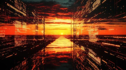 Digital data stream flowing through abstract sunset landscape