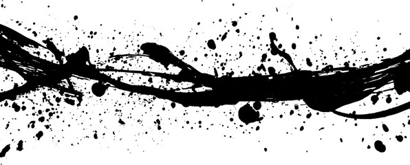 Black ink splash texture with dynamic strokes and spots. This modern vector illustration features clean and abstract design elements.