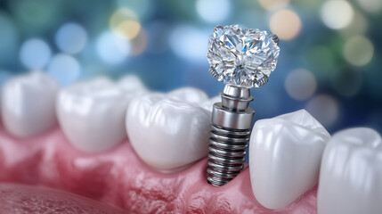 Cinematic dental close-up of a titanium abutment anchored in pink gingiva with a bright ceramic crown positioned overhead, emphasizing clean engineering lines