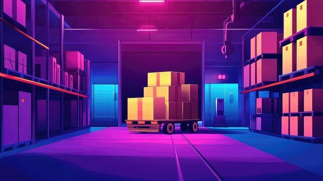 Warehouse interior with boxes on cart glowing cyberpunk neon light