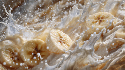 Banana slices submerged halfway into milk, splash frozen at peak height, creamy swirls and flying droplets creating vibrant food-motion drama