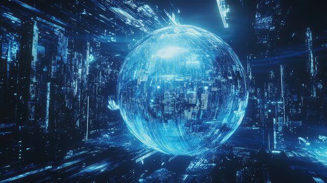 Digital data sphere in interconnected futuristic cityscape