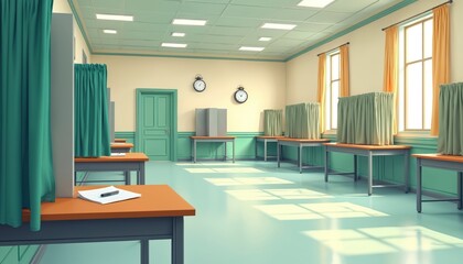 Empty polling station interior shows multiple voting booths with green curtains, desks. Pen, paper placed on desk. Bright sunlight fills room. Quiet place prepared for citizens to cast votes during