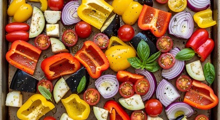 Colorful assortment of fresh raw vegetables including bell peppers, red onions, tomatoes, and eggplant, prepared for roasting on a baking sheet