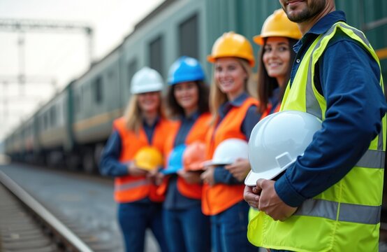 Diverse team of pro engineers stands in row. Workers wear bright safety vests, hold hard hats next to train tracks. Men, women smile, showing teamwork, cooperation in modern transport industry, tech