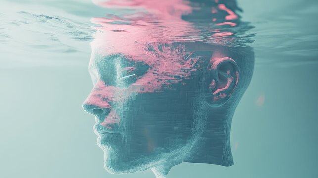 Digital head emerging from water representing artificial intelligence
