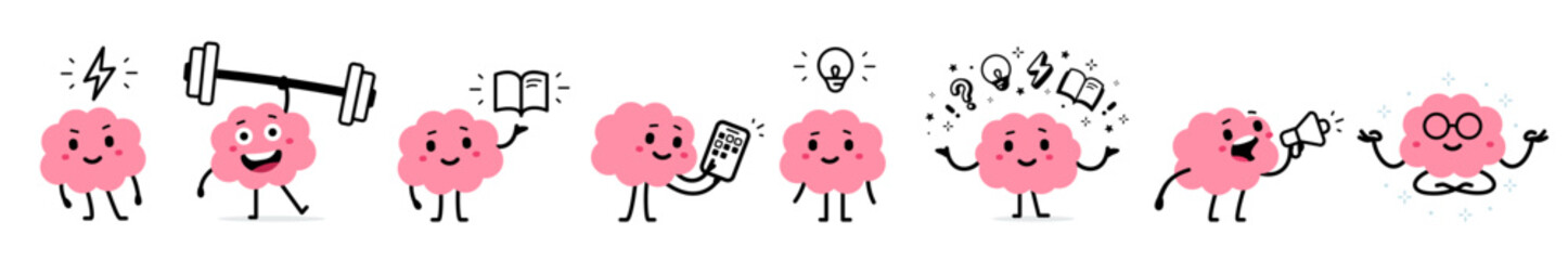 Vector set of illustration of happy brain pink character with different object on white color background. Flat doodle style design of collection of strong and smile healthy brain