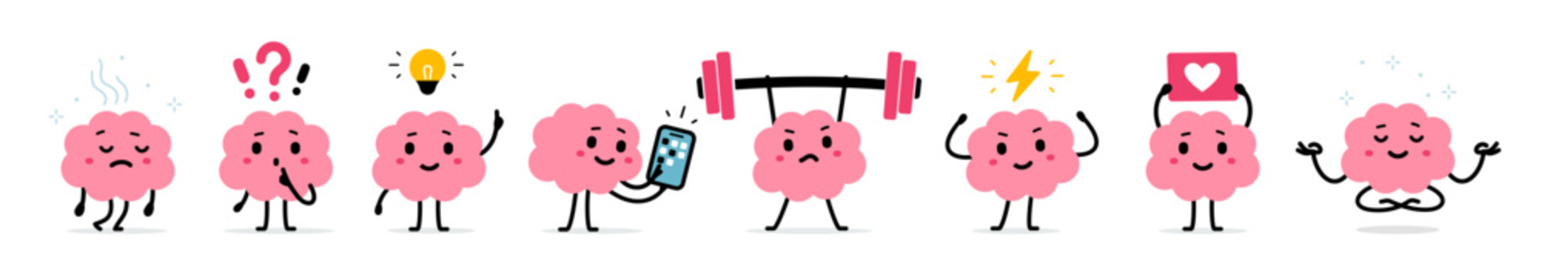 Vector set of illustration of cute happy brain character in different pose on white color background. Flat doodle style design of collection of strong and clever smile pink brain