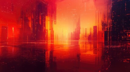 Abstract glowing futuristic cityscape reflecting orange red light