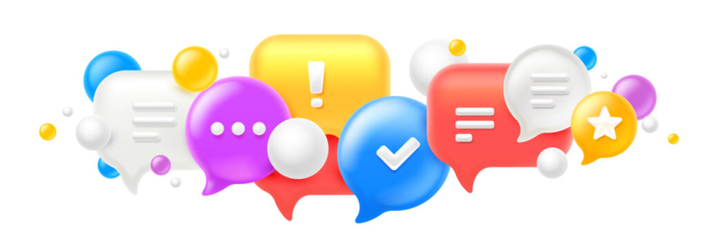 Vector illustration of cloud of different size shape speech bubble on white color background. Realistic social media symbol of communication icon. 3d style design of speech bubble