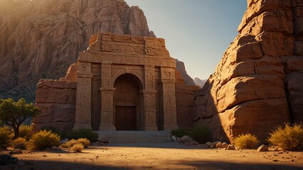 Desert canyon temple entrance lit by sun