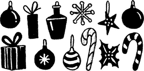Holiday ornaments and gifts in black. Simple vector illustration set featuring stars, balls, and candy canes.