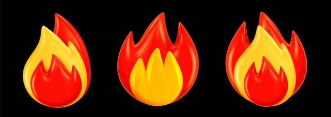 Vector set of illustration of red and yellow color burning flame of fire. Collection of bonfire or campfire flame symbol on black background. 3d style design of glossy emoji fire