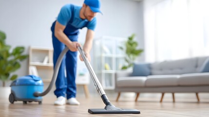 A dedicated professional in a blue uniform meticulously vacuums the polished wooden floor ensuring a pristine and hygienic environment in a contemporary residential interior