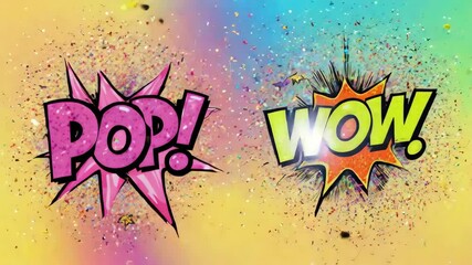 Comic book style pop art with "Pop!" and "Wow!" text, confetti - Powered by Adobe