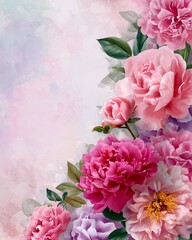 A beautiful floral background featuring pink peonies and soft pastel watercolor textures, ideal for greeting cards, invitations, wedding designs, branding, feminine theme, and decorative print layouts