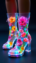 Futuristic Transparent Hologram Boots with Digital Flowers