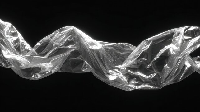 Irregular and translucent plastic sheet, wrinkled and twisted, floats against a stark black background, reminiscent of modern art or a stock market chart