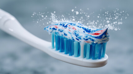 Macro perspective of a toothbrush loaded with toothpaste, bristle tips and creamy paste captured in crisp detail, plain light-colored background for clarity