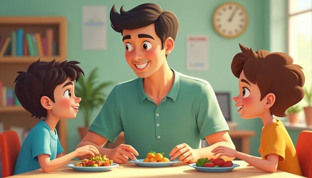 Father shares healthy lunch with two smiling children at table. Family enjoys a nutritious meal together in bright room. Positive connection and joyful atmosphere highlight family values. - Powered by Adobe