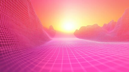 Retro 80s style wireframe landscape with bright sun