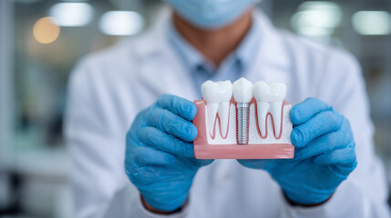 Dentist holding a tooth model with shiny implant, gloved fingers grasping base carefully, clinical white background and soft lighting highlighting details