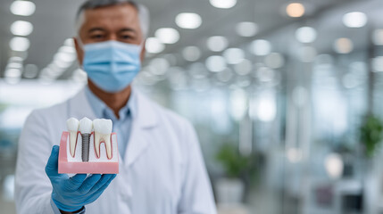 Macro perspective of dentist presenting tooth model with implant, metal abutment gleaming, pink gum base rendered in high detail, bright clinic environment softly blurred behind