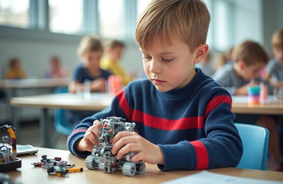 Young boy builds robot toy in school classroom. Looks focused, busy with mech parts. Kids learn robotics, engineering during science tech class. Child explores new ideas, develops skills. Youth
