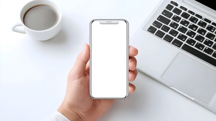 Overhead view of a person holding a smartphone with a blank white screen situated on a white desk alongside a coffee cup and a modern laptop signifying work or connectivity