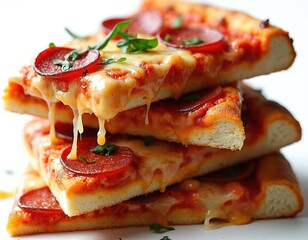 Stacked pepperoni pizza slices display melted cheese, crispy crust on white background. Layers of savory treat offer appetizing visuals perfect for food blogs restaurant marketing. Image represents