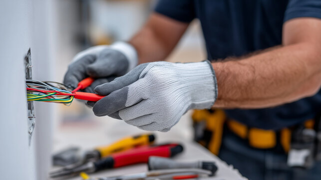 Electrician carefully connecting wires inside a wall socket, protective gloves on, tools neatly arranged nearby, detailed focus on hands and wiring, minimal blurred background