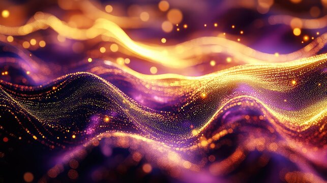 Abstract golden purple particles forming digital wave patterns - Powered by Adobe