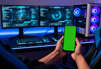 Immersive gaming setup with green screen phone ready for your app or game promotion plus stunning RGB lighting and high end PC hardware