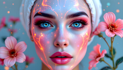Futuristic Beauty Portrait with Holographic Mask and Floral Details