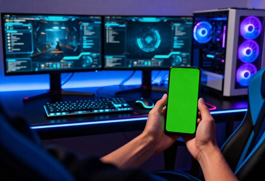 Immersive gaming setup with green screen phone ready for your app or game promotion plus stunning RGB lighting and high end PC hardware