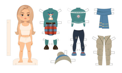 Cute paper doll set featuring a blonde girl with a collection of winter outfits, jacket, scarf, hat, skirt, sweaters, jeans. Christmas holiday DIY paper toy.
