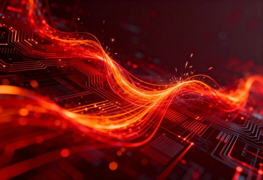 Dynamic red technology circuit board with glowing trails for cutting-edge innovation concepts and data solutions, perfect for modern tech branding