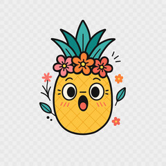 Cute cartoon illustration of a pineapple with a flower crown. Bright flat-style design with clean outlines and playful colors. Vector illustration EPS10.