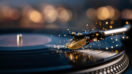 Macro shot of record player needle on vinyl, golden highlights reflecting off grooves, textured platter surface, evoking nostalgia and analog warmth