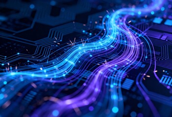 Stunning network circuit design showing data stream flow for high tech innovation, artificial intelligence and futuristic digital transformation concepts