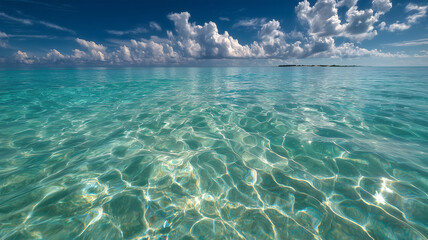青い海と白雲が果てしなく続く、清々しい水平線のパノラマ