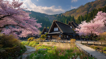 鮮やかな桜が咲き誇る、茅葺古民家に囲まれた里山の春景色