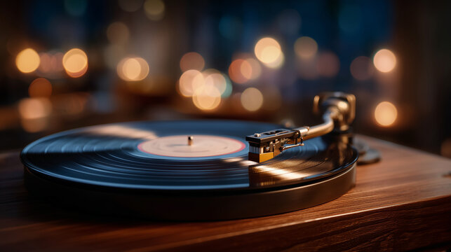 Close-up of a vintage turntable spinning a vinyl record, warm wooden tones, stylus gently touching grooves, soft ambient lighting emphasizing classic music vibes