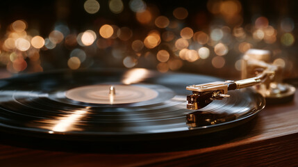 Detailed shot of record player platter and needle, spinning vinyl creating subtle motion blur, warm wood tones and metallic accents emphasizing retro charm