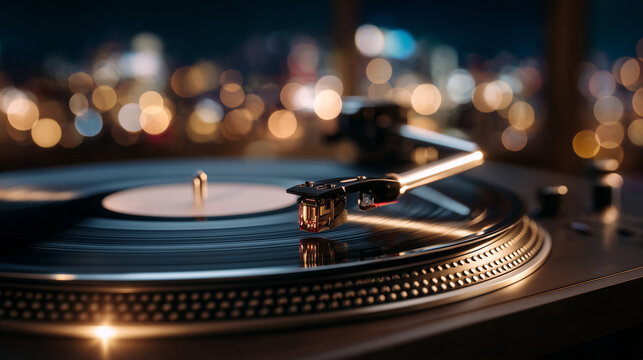 Vintage turntable close-up, stylus tip and tonearm in perfect focus, grooves of vinyl record catching ambient light, evoking classic analog sound experience