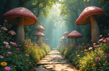 Giant red mushrooms line mystical forest path. Sunbeams filter through green trees, illuminating stone walkway. Colorful wildflowers bloom along trail. Enchanting woodland scene invites peaceful